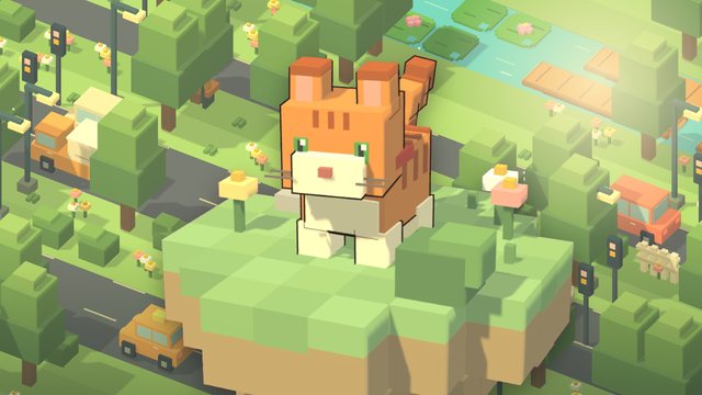 Whiskerway: a voxel cat hopping across roads and rivers